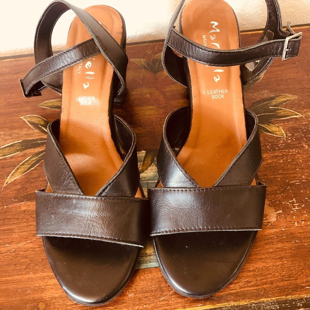 Mariella Made In Italy Black Leather Block Heel Sandals Size 9.5